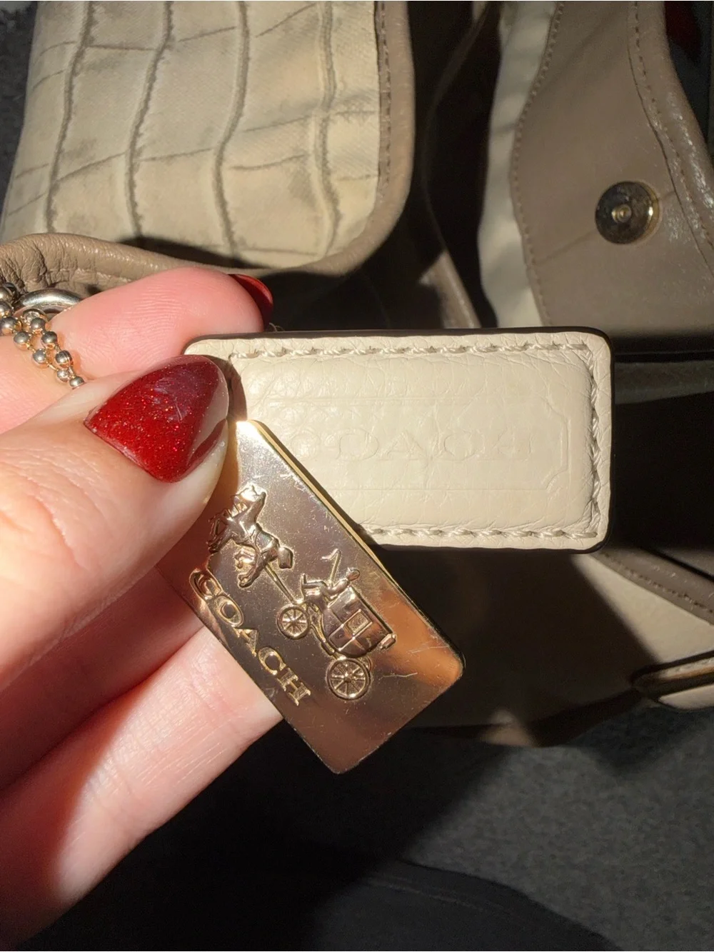 Coach Beige Croc-Embossed Canvas and Pebbled Leather Madison Shoulder Bag